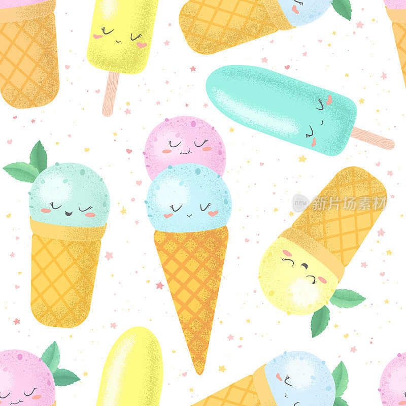 Vector seamless pattern with cute colorful hand drawn cartoon ice creams isolated on white background. Fresh food design for print, fabric, wallpaper, card